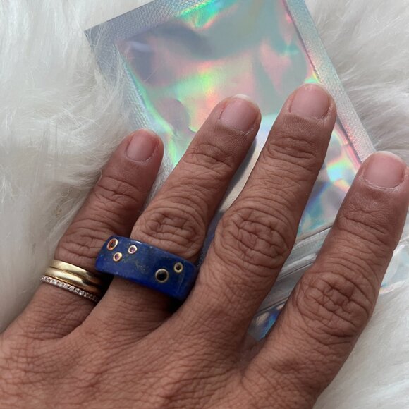 Carved Lapis Ring with 14K bezel set Gemstones - Picture 2 of 4